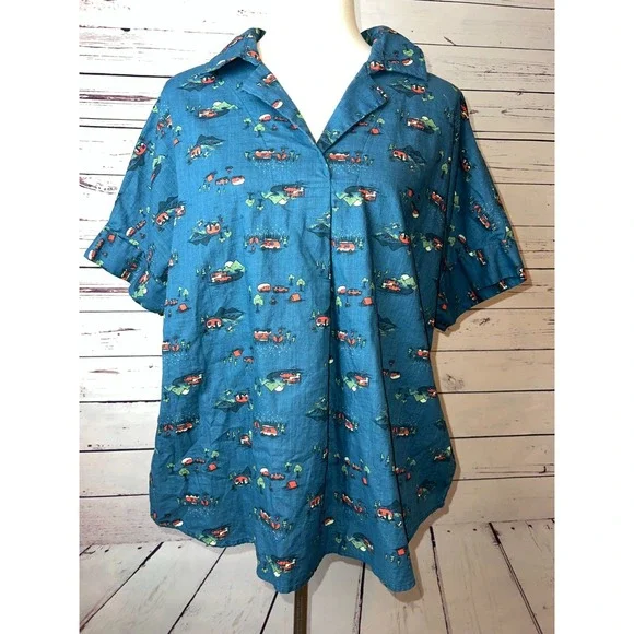 Duluth Trading Shirt Large Short sleeve‎ Popover Blouse Camping RV Blouse Womens - Picture 4 of 9